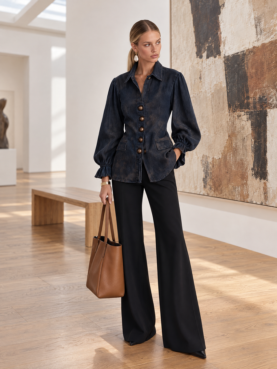 Navy Balloon Sleeve Denim Blouse Jacket
