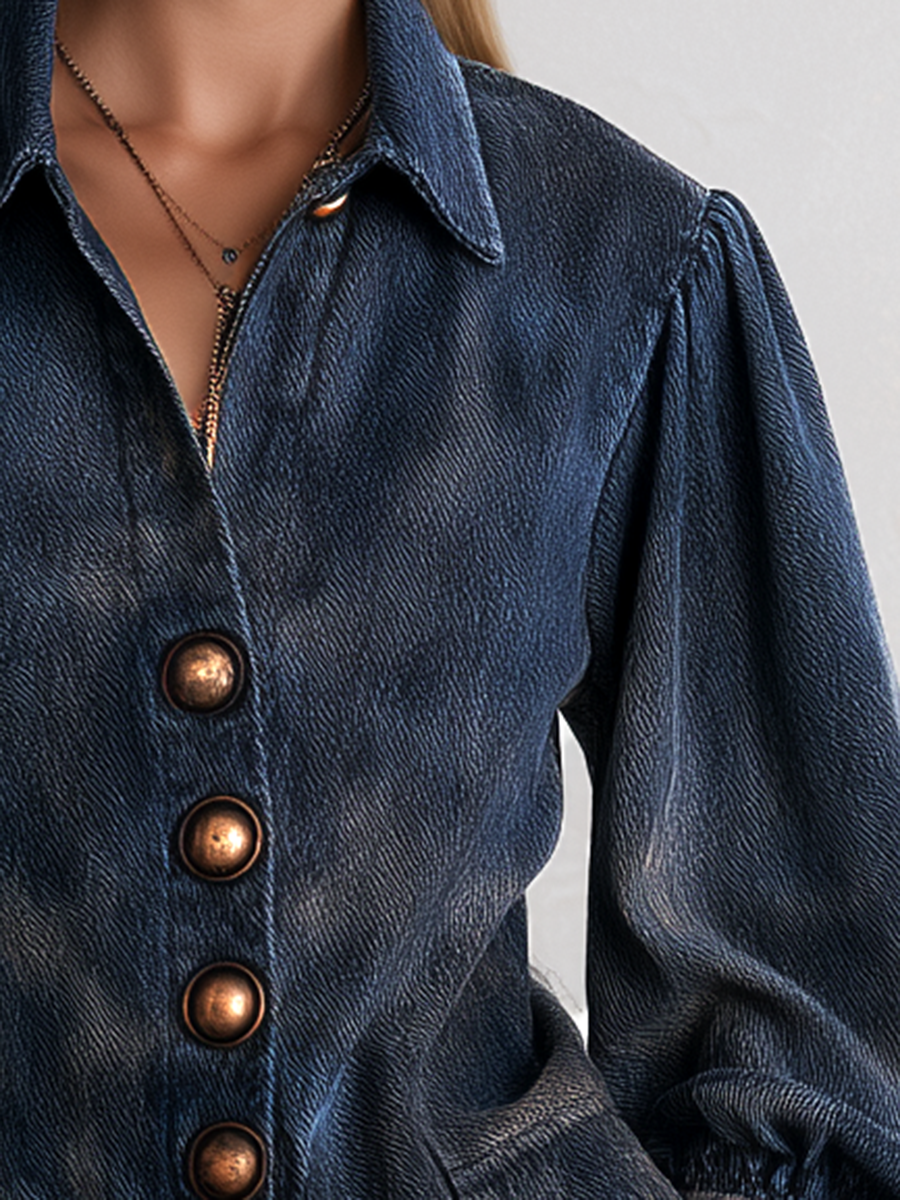 Navy Balloon Sleeve Denim Blouse Jacket