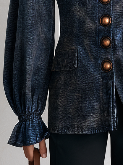 Navy Balloon Sleeve Denim Blouse Jacket