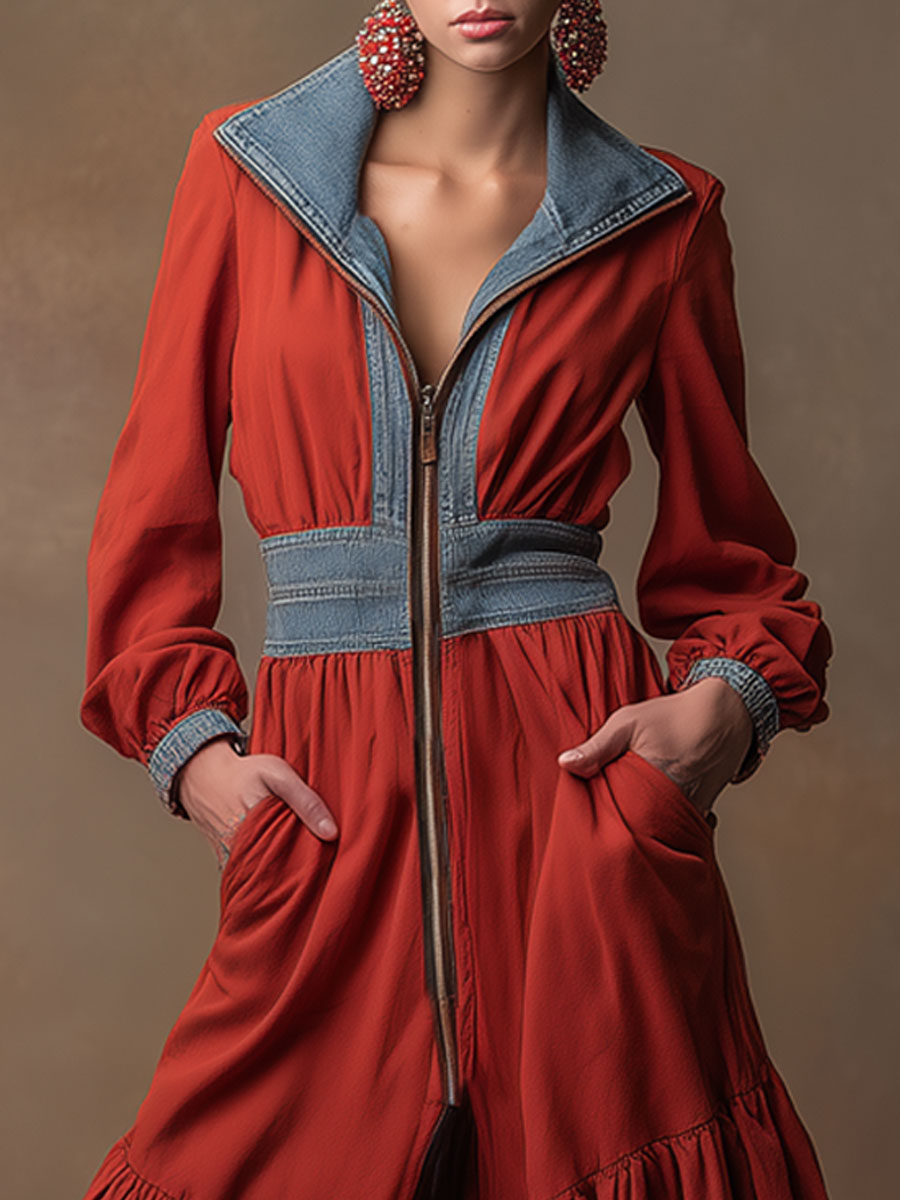 Casual Retro Zip-up Denim Patchwork Red Sweatshirt Dress With Tulip-shaped Maxi Dress