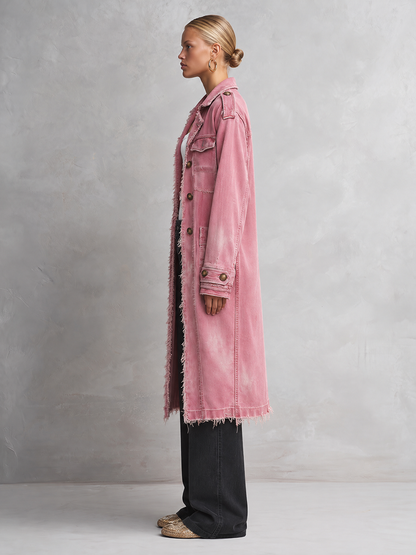 Pink Frayed Longline Denim Trench Coat