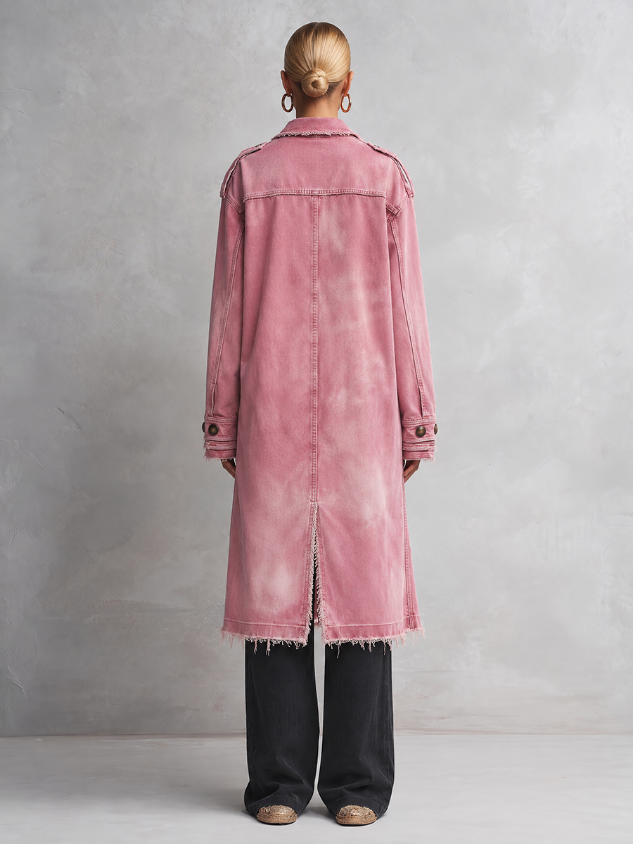 Pink Frayed Longline Denim Trench Coat