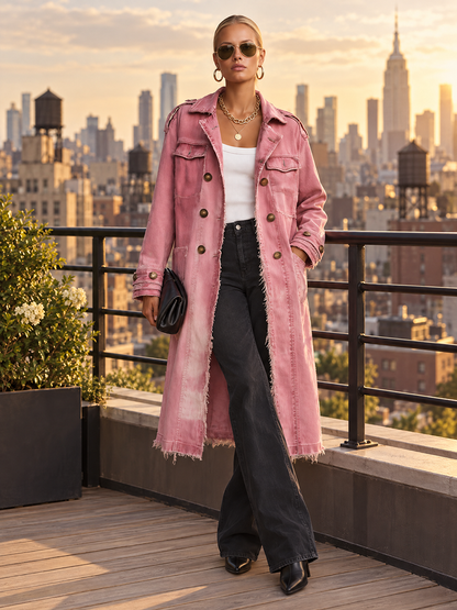 Pink Frayed Longline Denim Trench Coat