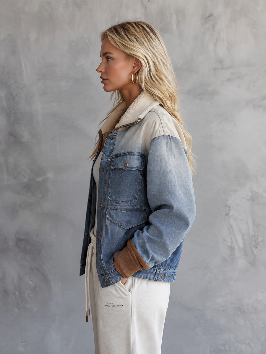 Sherpa Collar Colorblock Denim Jacket