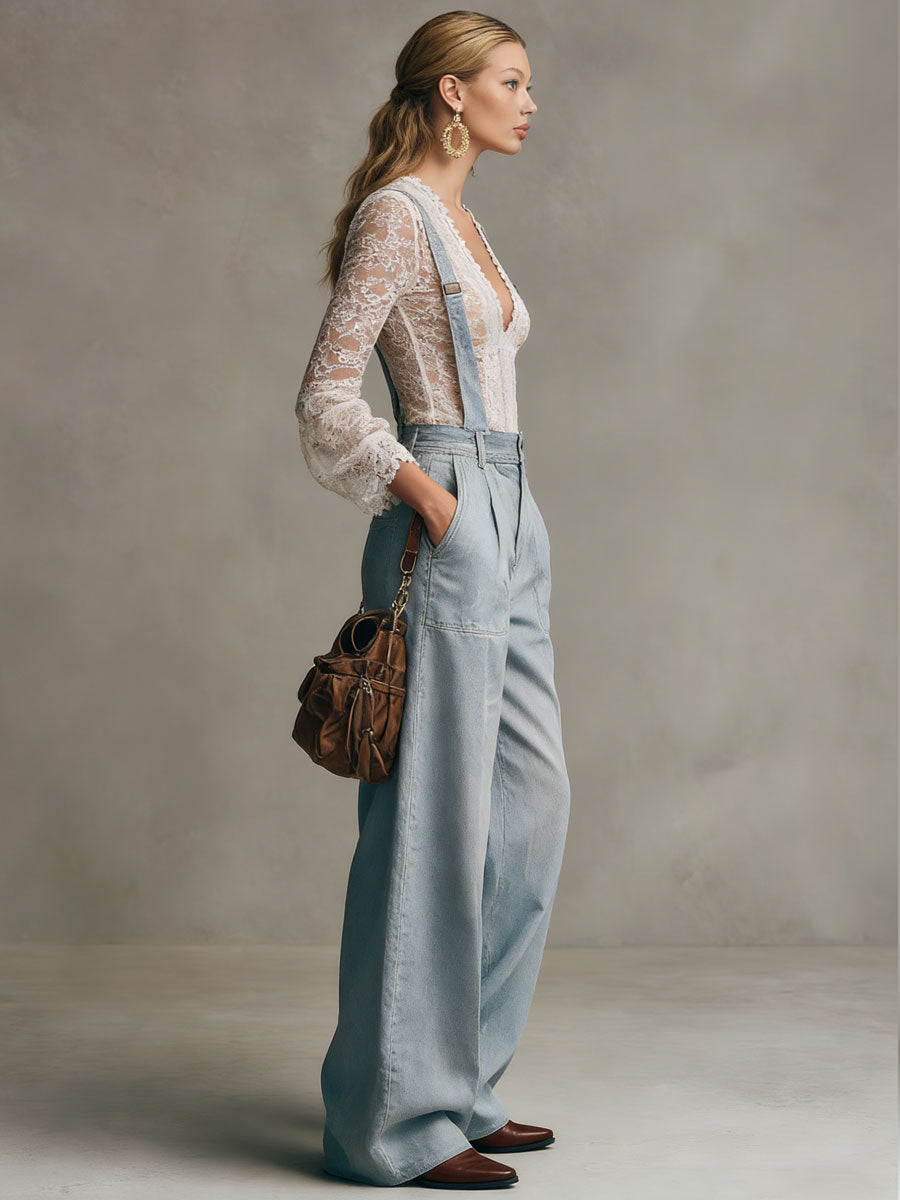 Casual Retro Light Blue Denim Wide-leg Overalls