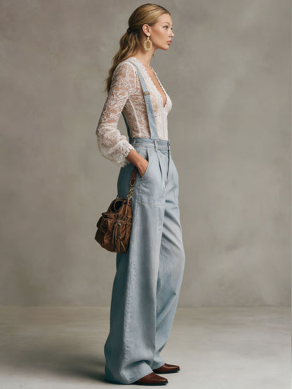 Casual Retro Light Blue Denim Wide-leg Overalls