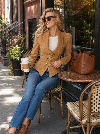 Elegant Retro Shawl Collar Gold Buckle-clasp Camel Faux Suede Jacket
