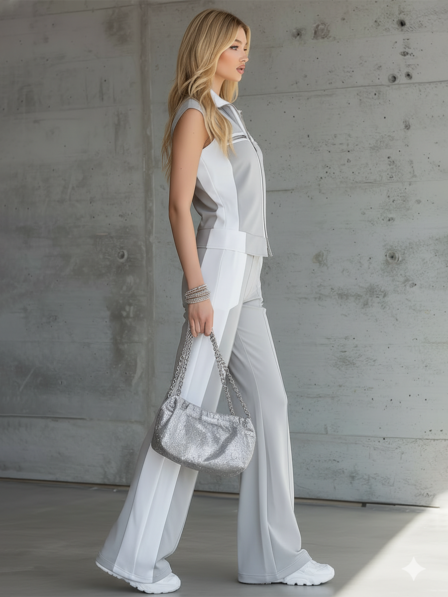 Retro Sporty Color-blocked Zip-up T-shirt And Wide-leg Pants Set