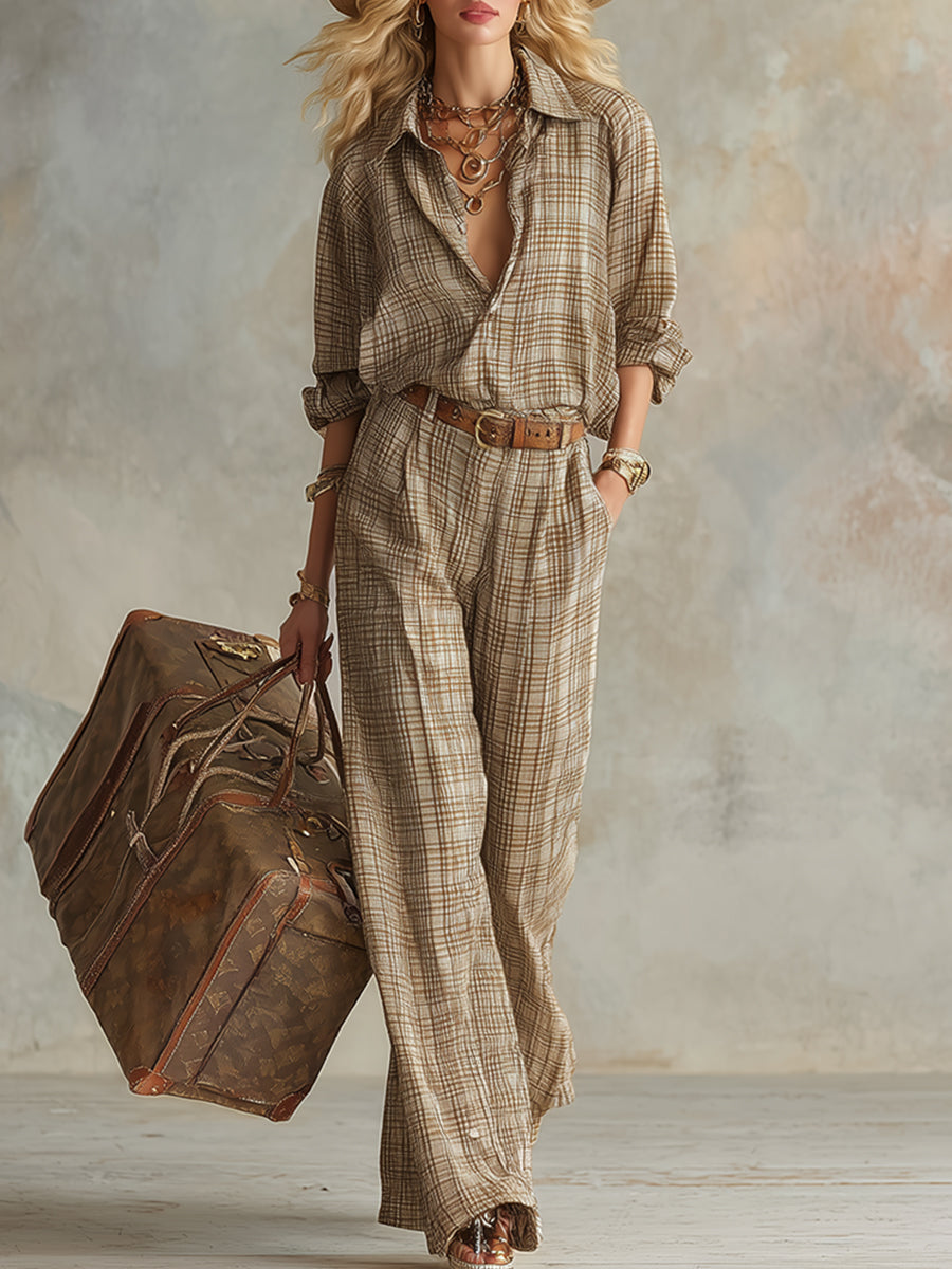Elegant Vintage-style Khaki Plaid Blouse And Trouser Set