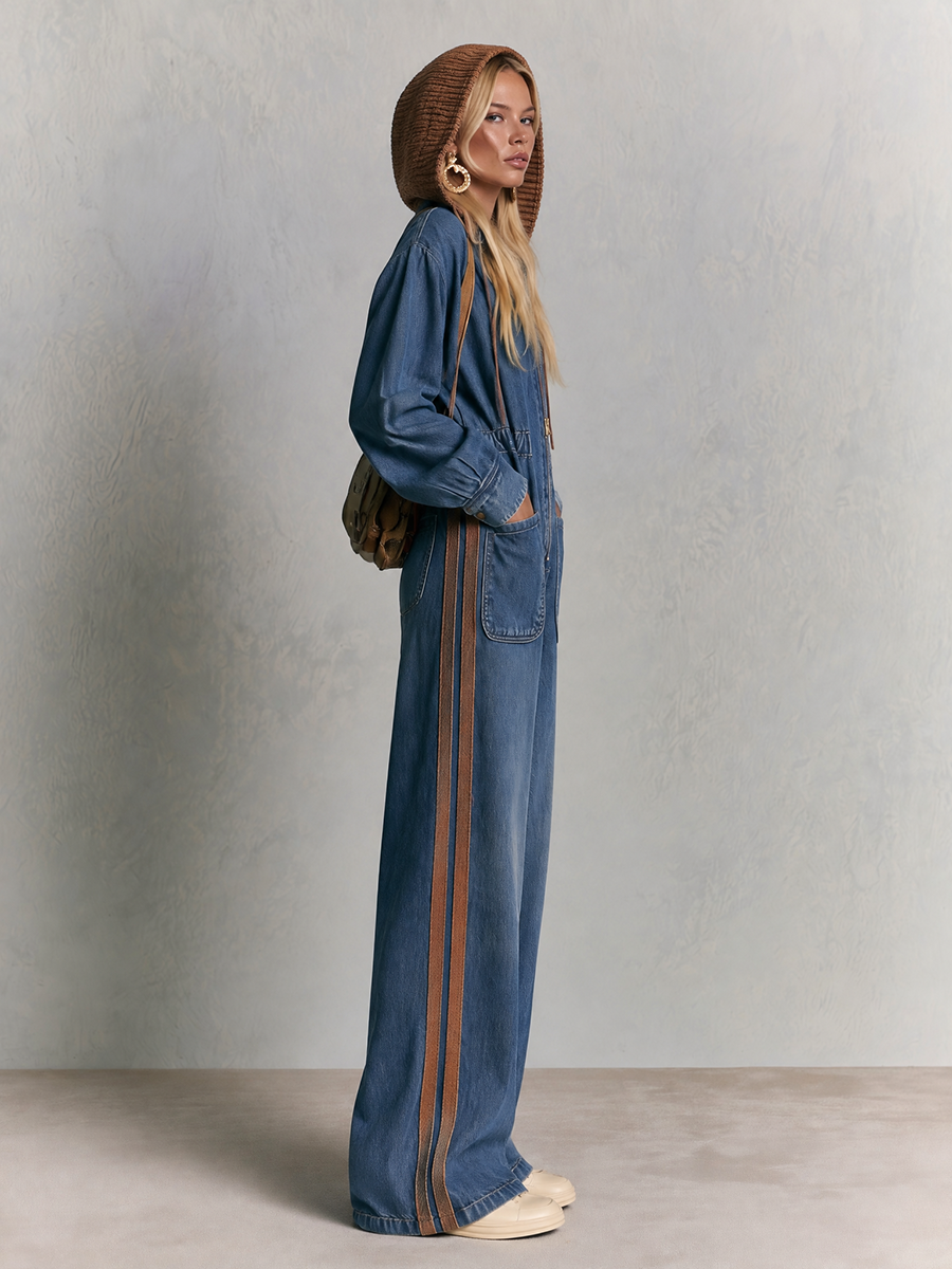 Hooded Wide Leg Denim Jumpsuit With Side Stripes