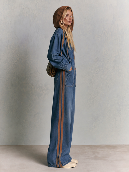Hooded Wide Leg Denim Jumpsuit With Side Stripes