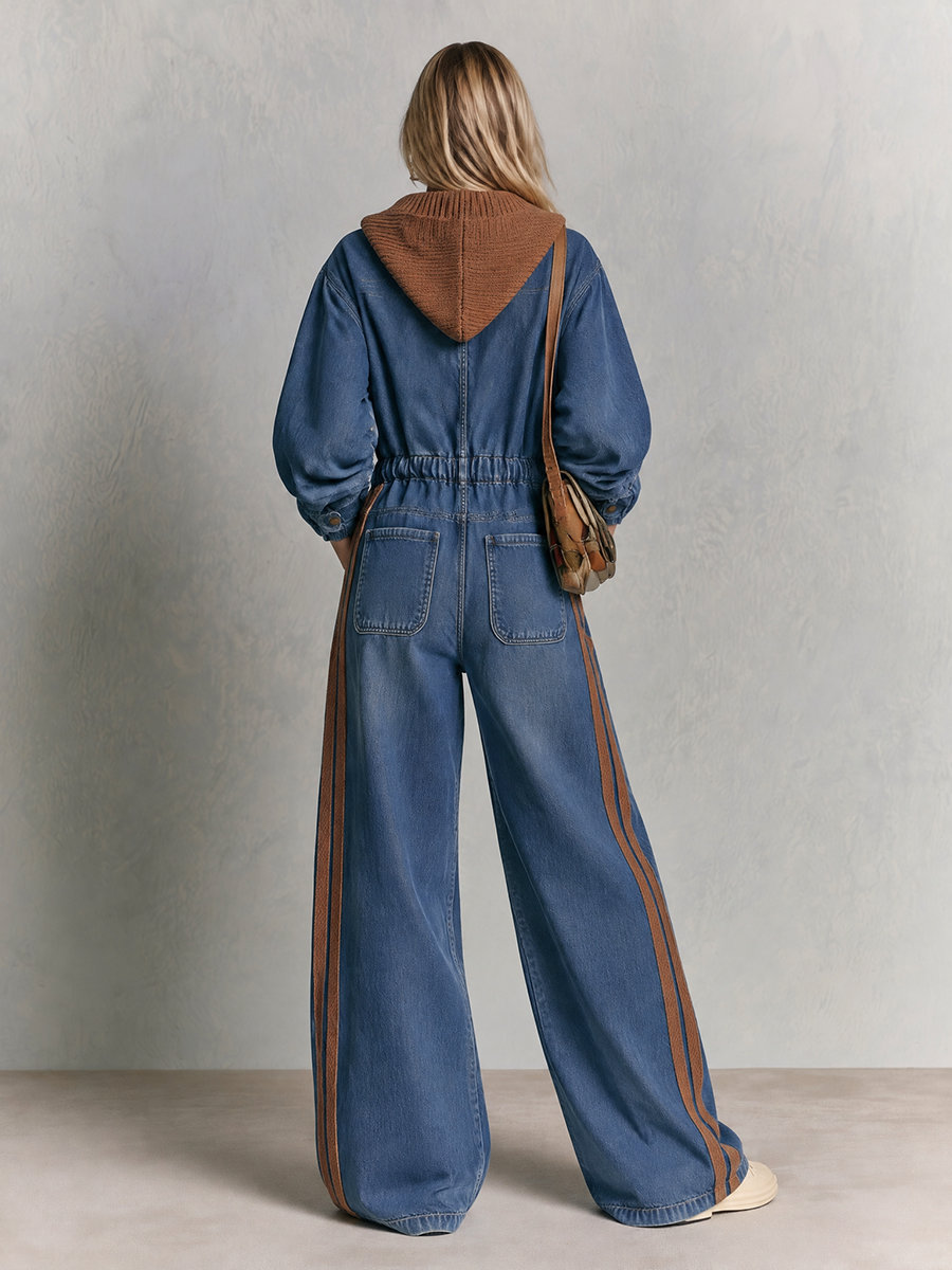 Hooded Wide Leg Denim Jumpsuit With Side Stripes