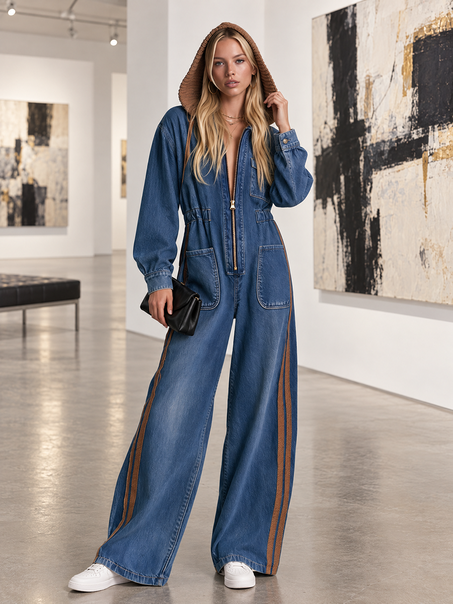 Hooded Wide Leg Denim Jumpsuit With Side Stripes