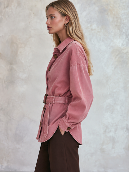 Pink Denim Shacket, Belted Shirt Jacket, Oversized Denim Jacket, Utility Jacket Women
