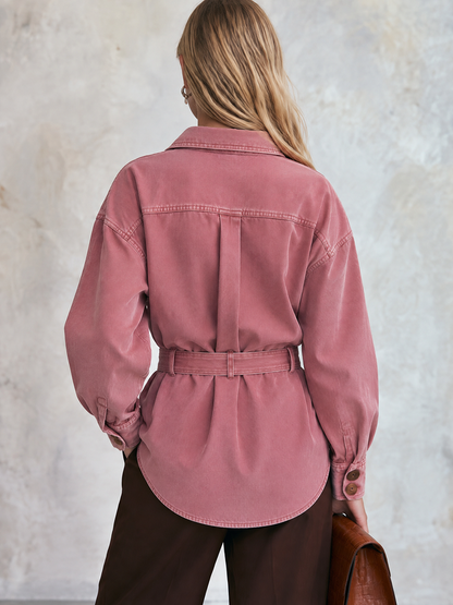 Pink Denim Shacket, Belted Shirt Jacket, Oversized Denim Jacket, Utility Jacket Women