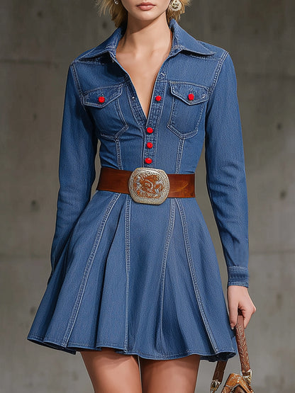 Retro Blue Denim Mini Dress With Red Button Closure