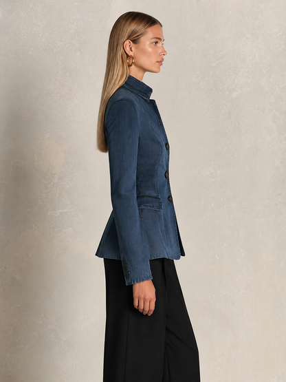 Indigo Stand Collar Denim Blazer Jacket