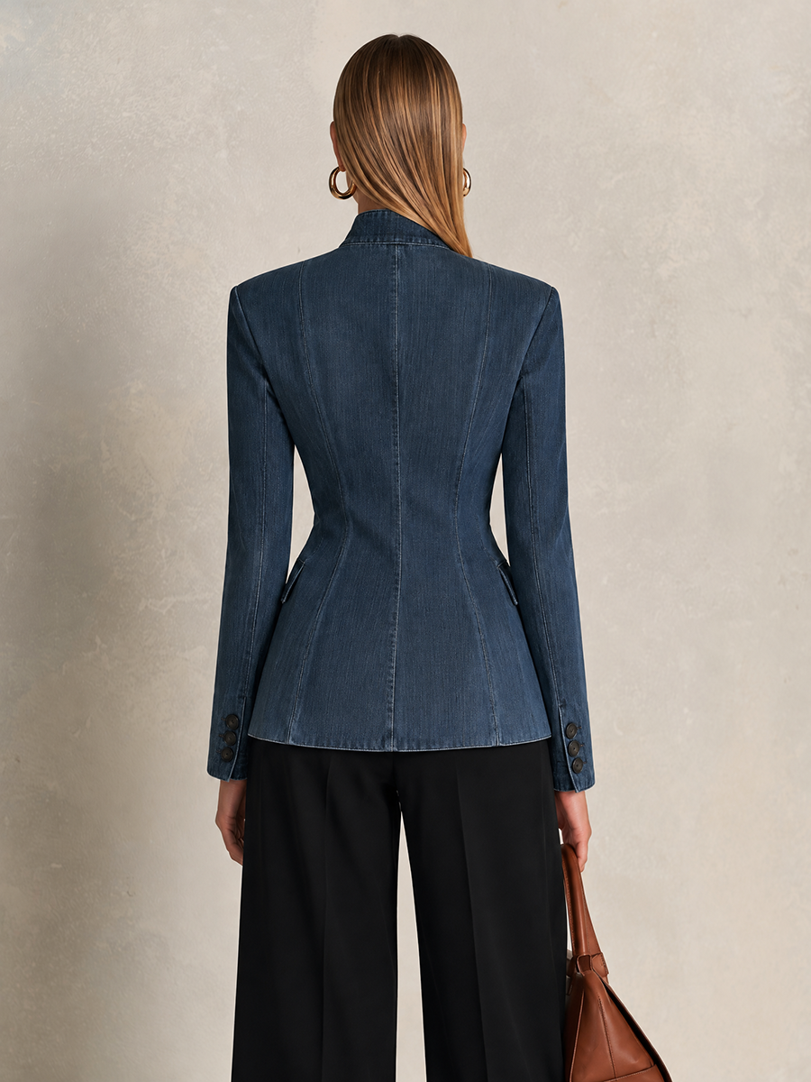 Indigo Stand Collar Denim Blazer Jacket