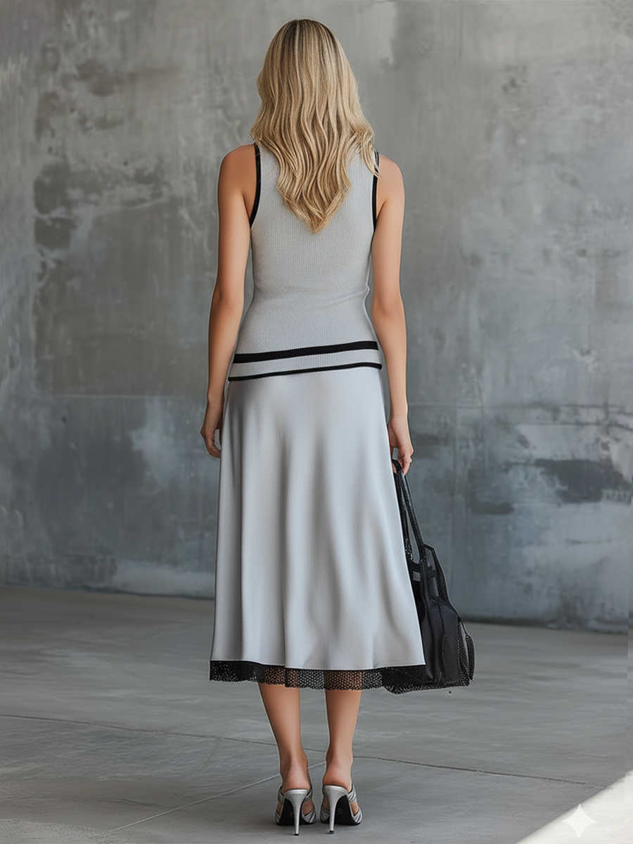 Elegant Round-neck Irregular-hem Knitted Tank Top And Lace-trimmed Satin Skirt Set