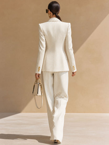 Retro-elegant Beige Striped Double-breasted Blazer