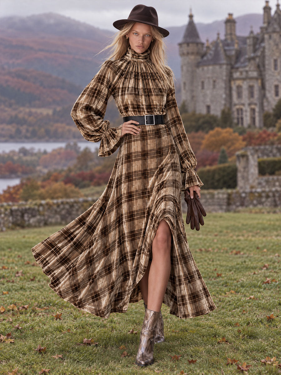 Retro Chic And Elegant Brown Turtleneck Plaid Velvet Print Maxi Dress
