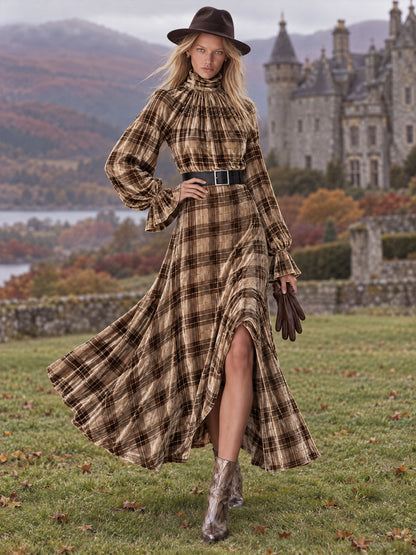 Retro Chic And Elegant Brown Turtleneck Plaid Velvet Print Maxi Dress