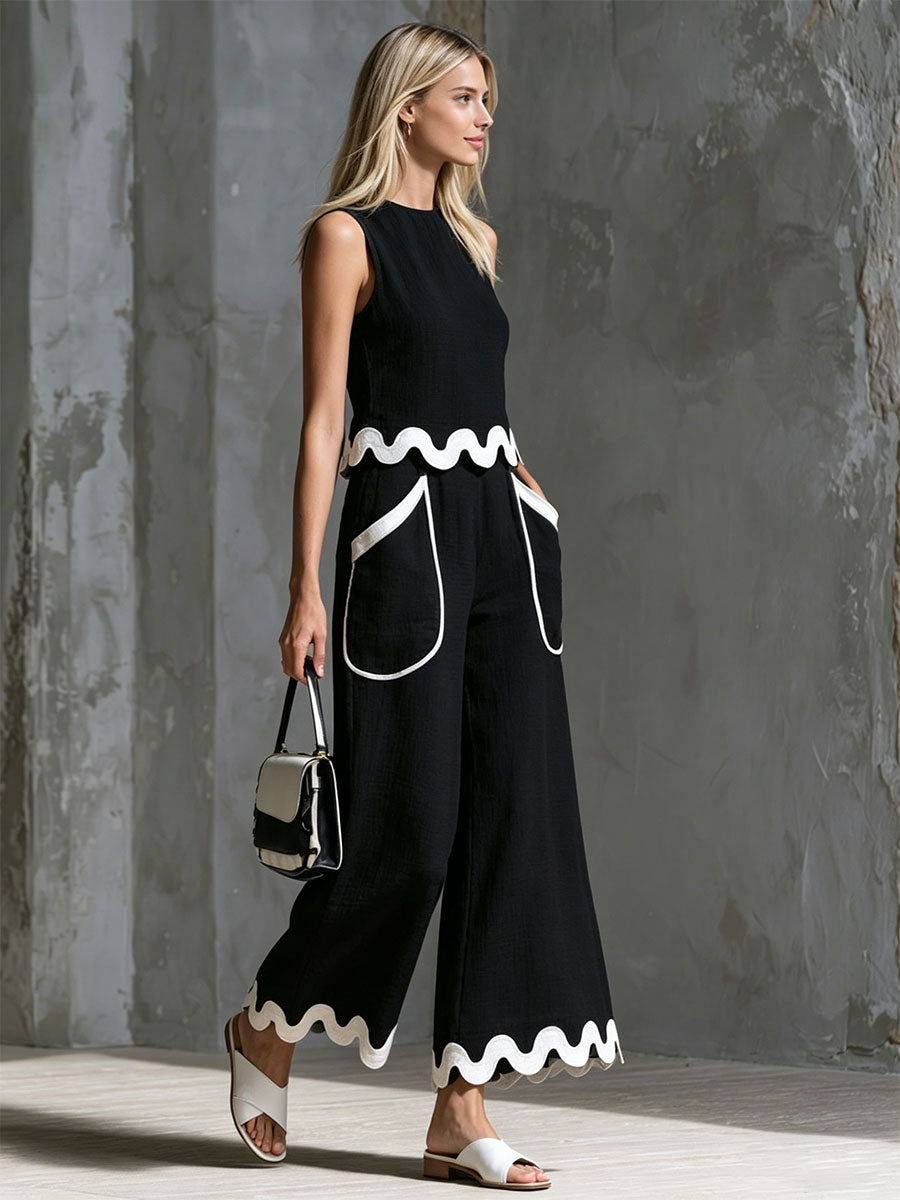 Retro Color-blocked Wavy-trimmed Black Sleeveless Cotton-linen Top And Pants Set
