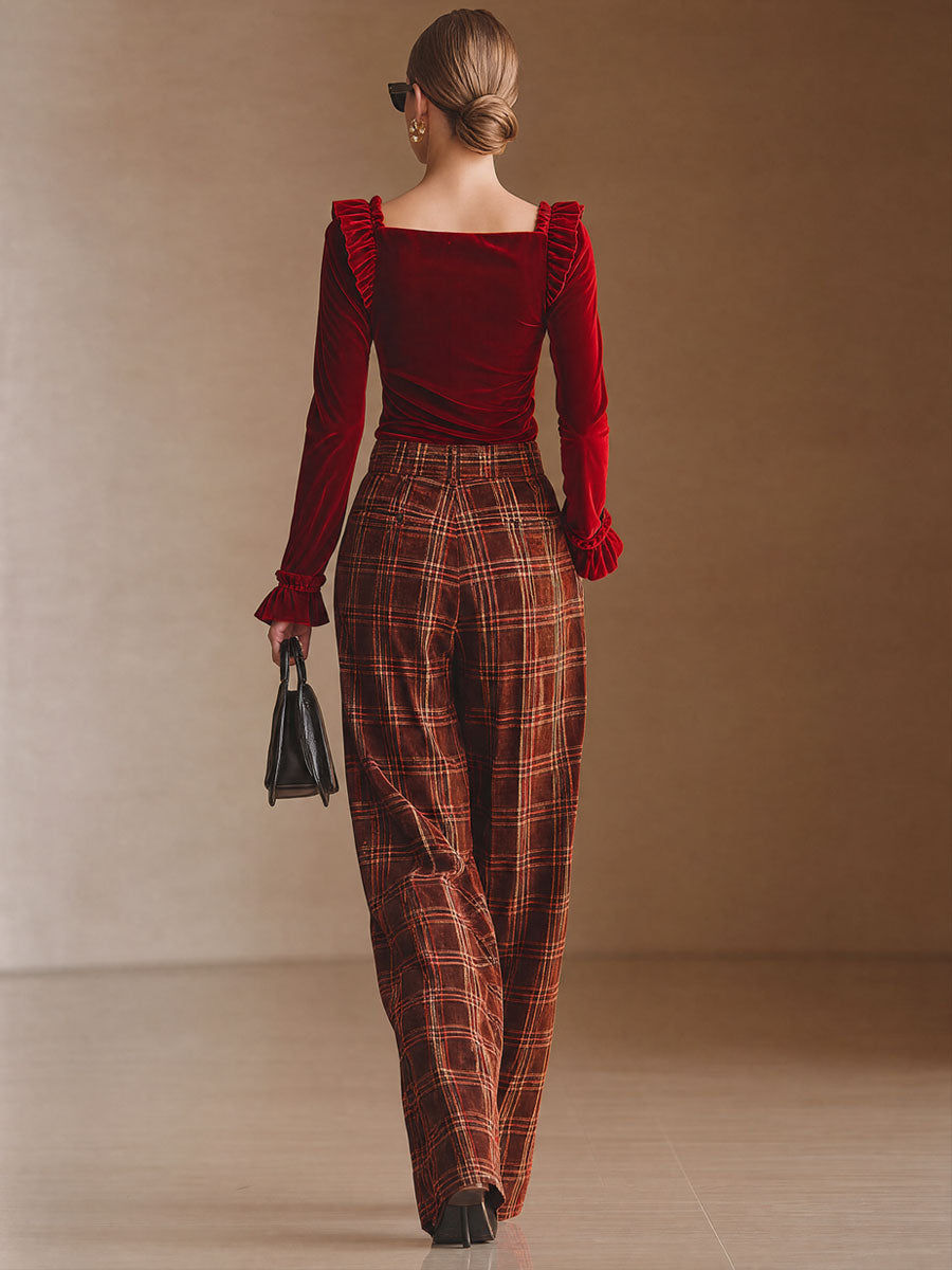 Elegant Red Velvet Square Neck Ruffled T-Shirt And Plaid Pants Set