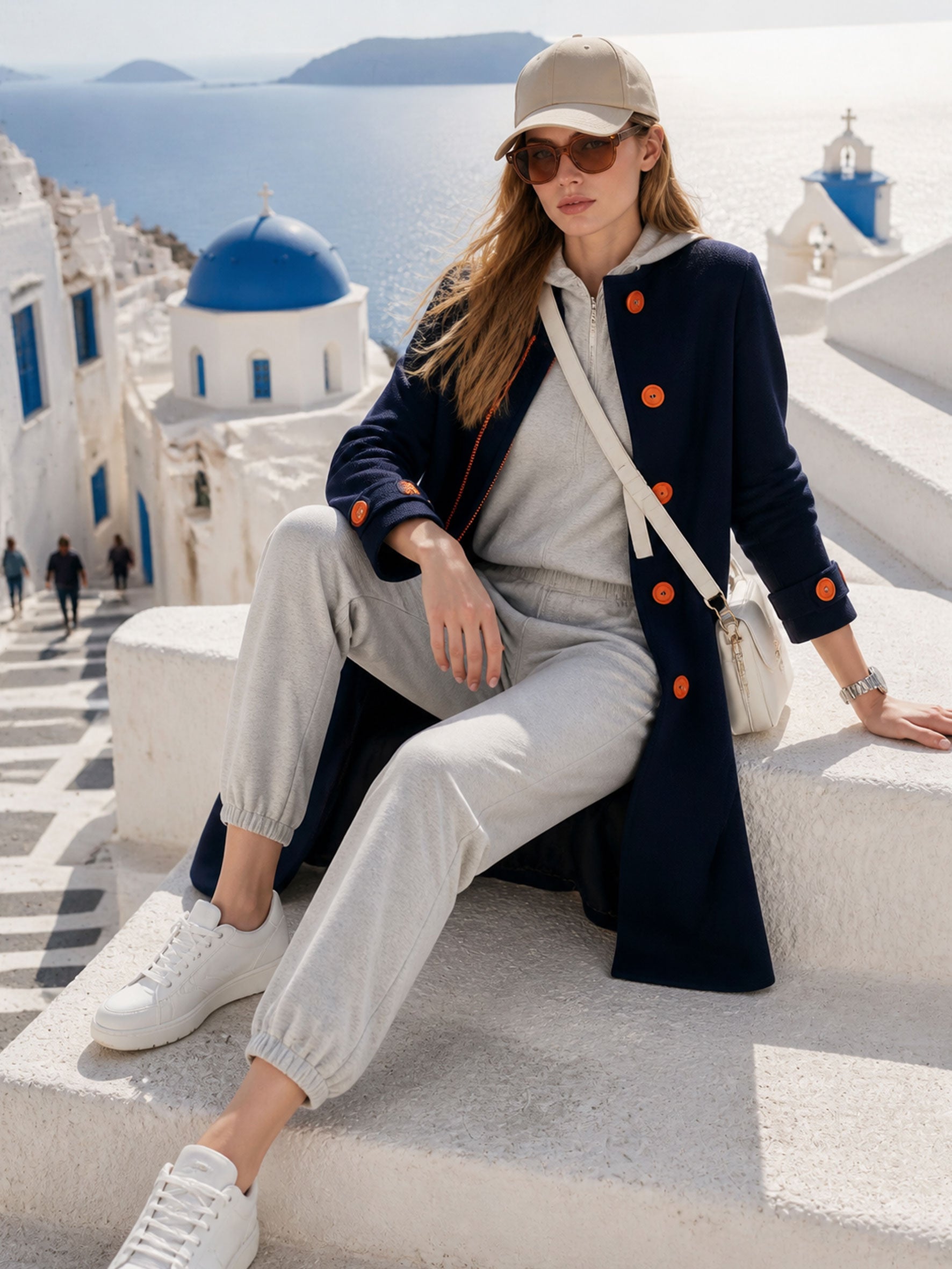 Casual And Comfortable Orange-buttoned Navy Blue Coat