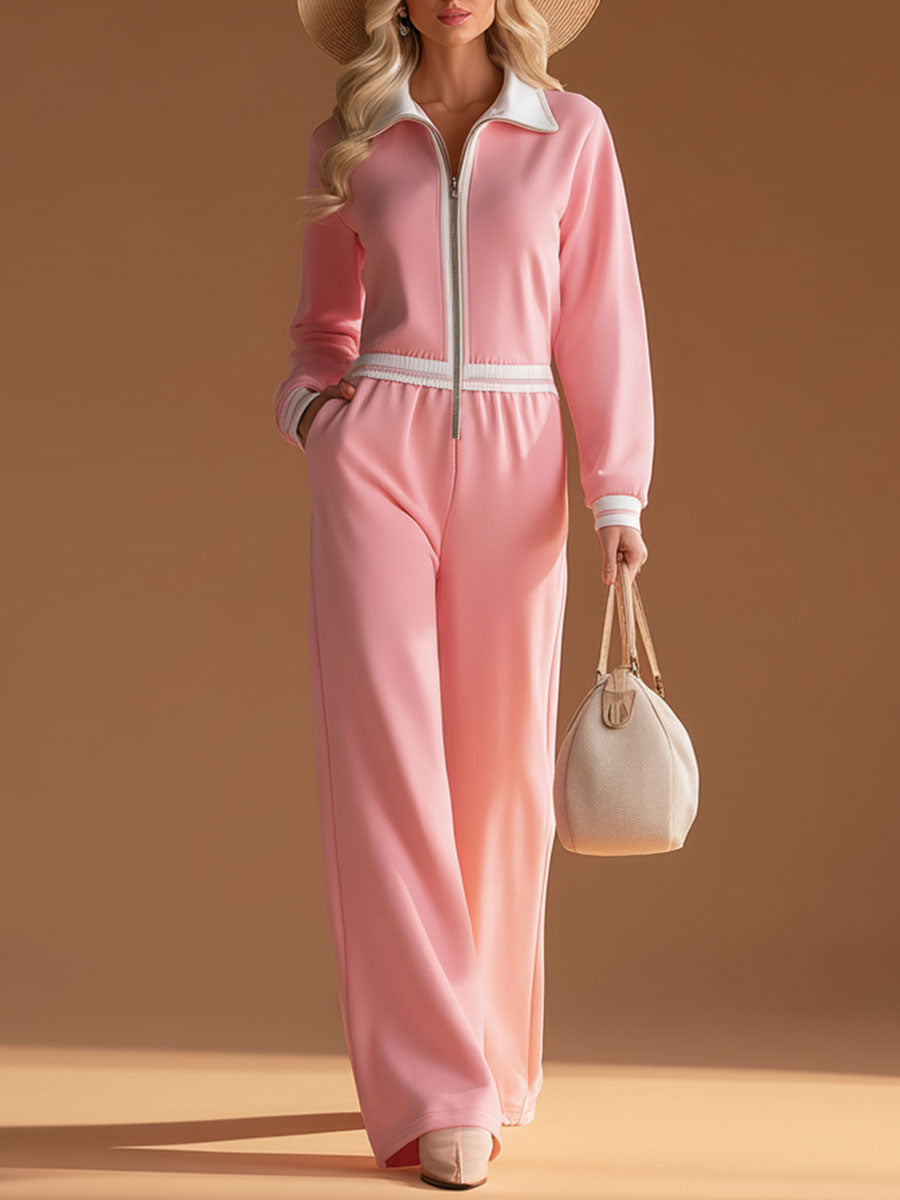 Fashionable Sporty Pink Collared Cotton Jumpsuit