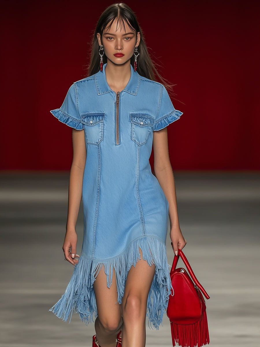 Casual Vintage Blue Denim Short Sleeve Zipper Tassel Midi Dress