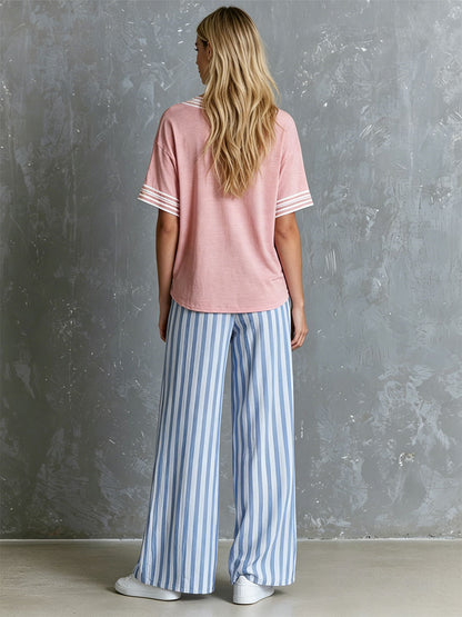 Retro Pink V-neck Short-sleeved T-shirt And Blue Striped Trousers Set
