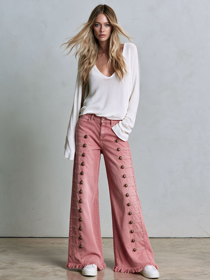 vintage-button-down-washed-pink-flared-frayed-jeans - Oyrosy