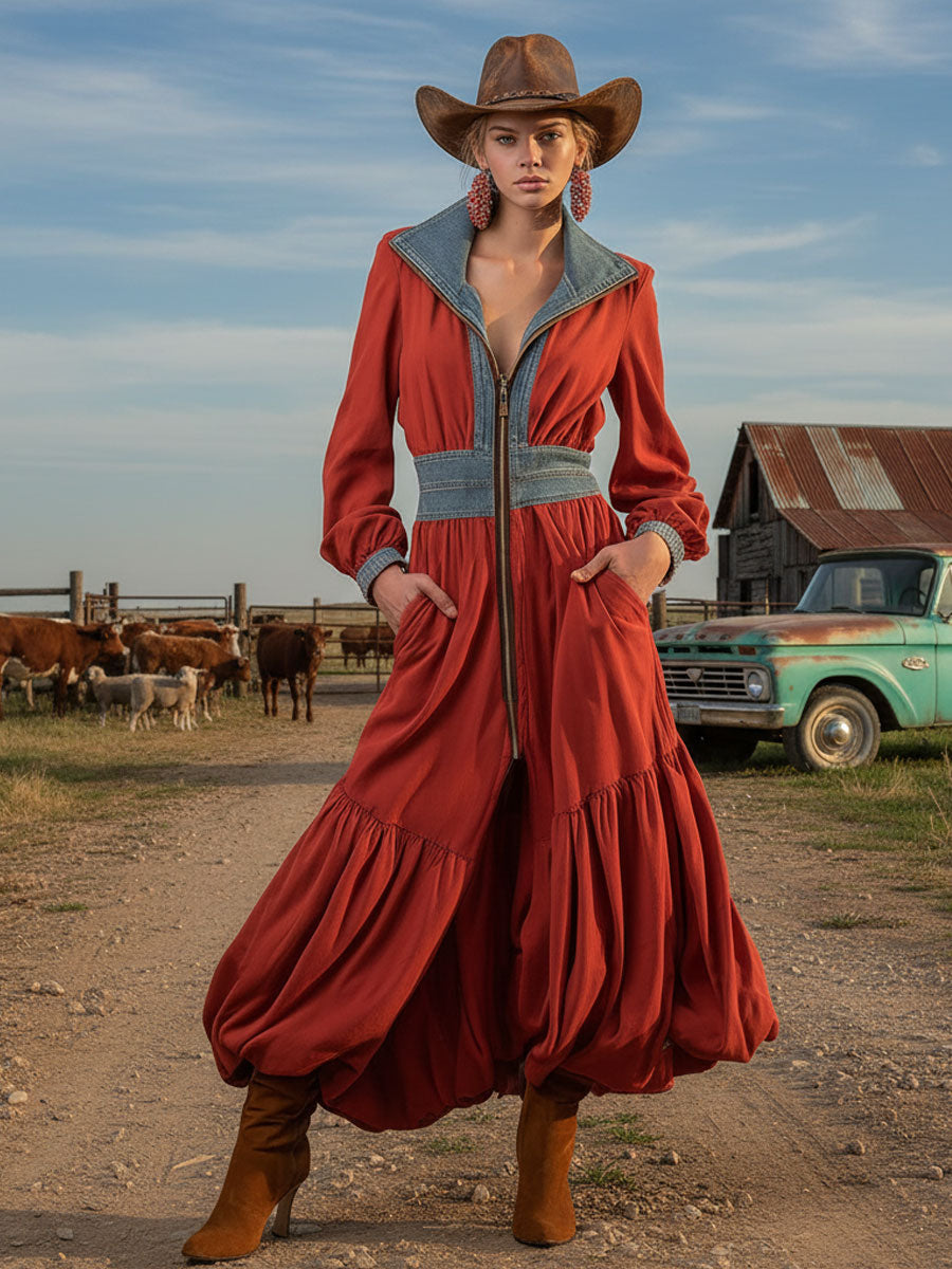 Casual Retro Zip-up Denim Patchwork Red Sweatshirt Dress With Tulip-shaped Maxi Dress