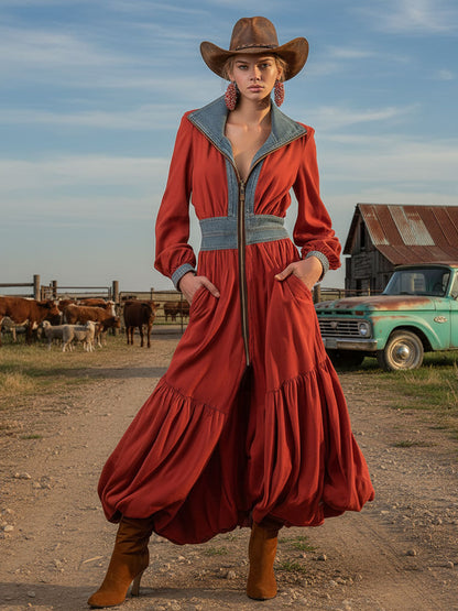 Casual Retro Zip-up Denim Patchwork Red Sweatshirt Dress With Tulip-shaped Maxi Dress