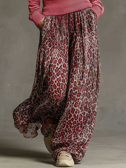 Casual Retro Pink Fleece Hooded Top And Chiffon Leopard Print Wide-leg Pants Set