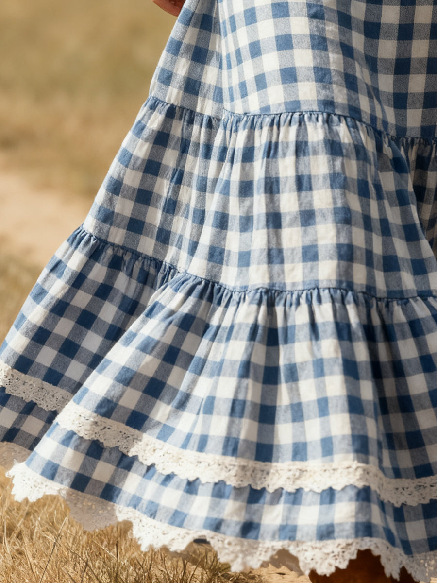 Western Blue And White Plaid Patchwork Lace Maxi Dress