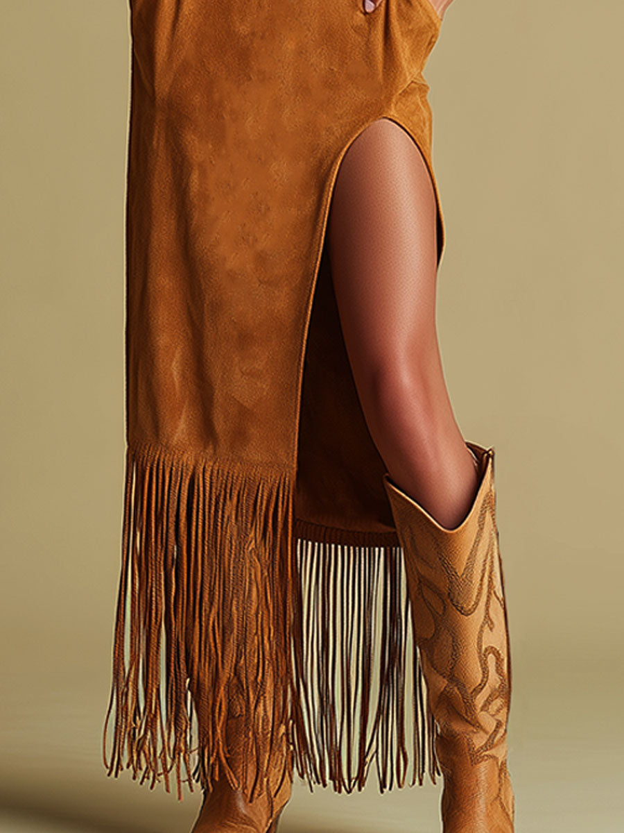 Western Retro Embroidered Brown Fringe Maxi Dress