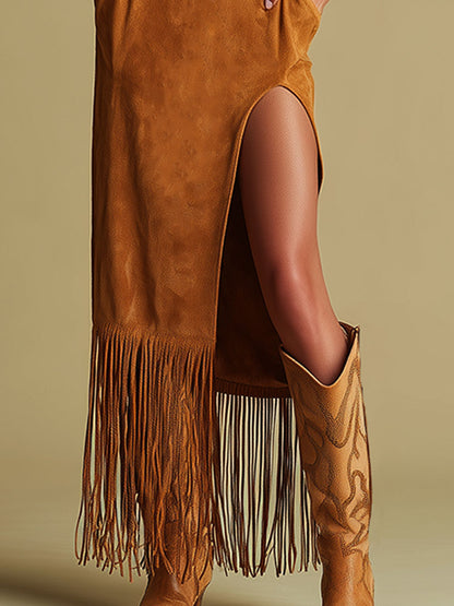 Western Retro Embroidered Brown Fringe Maxi Dress