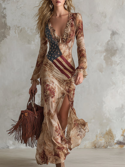 Vintage Bohemian Apricot Floral Print Chiffon Long-sleeved Maxi Dress