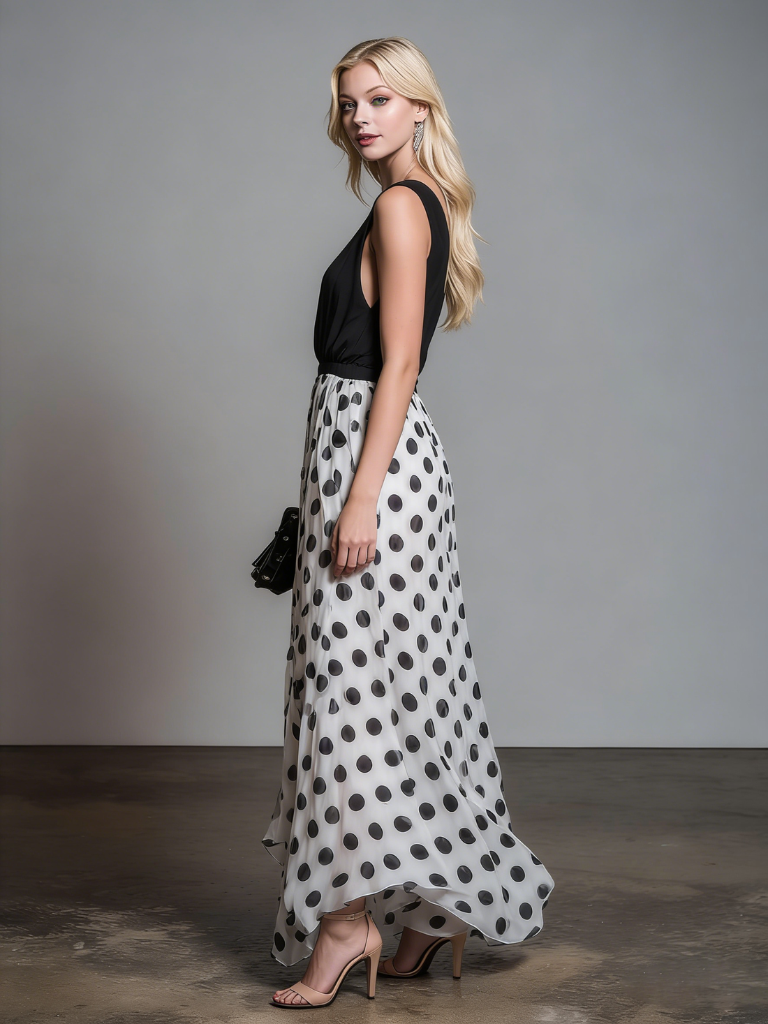 Beautiful Vintage-Style V-Neck Sleeveless Polka-Dot Chiffon Maxi Dress