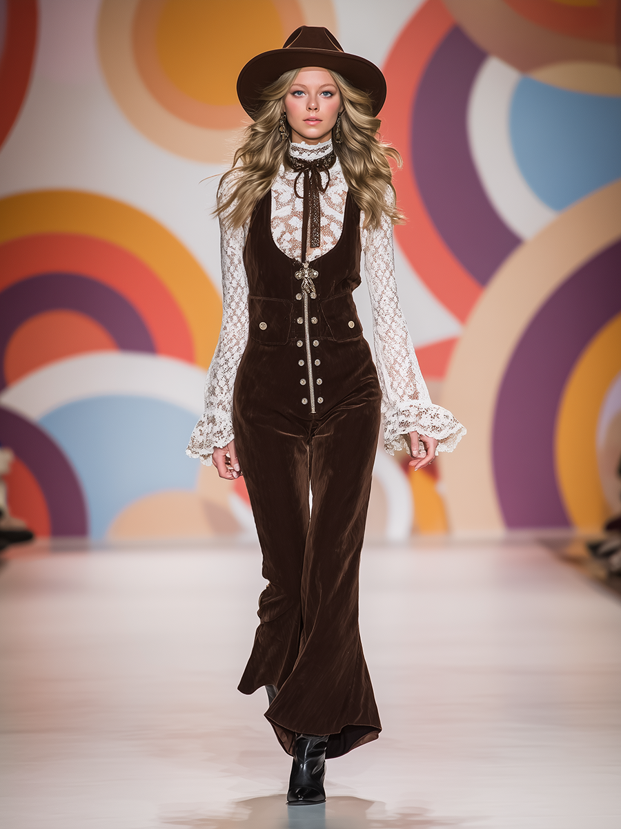 Retro Western Style Brown Corduroy Flared Overalls