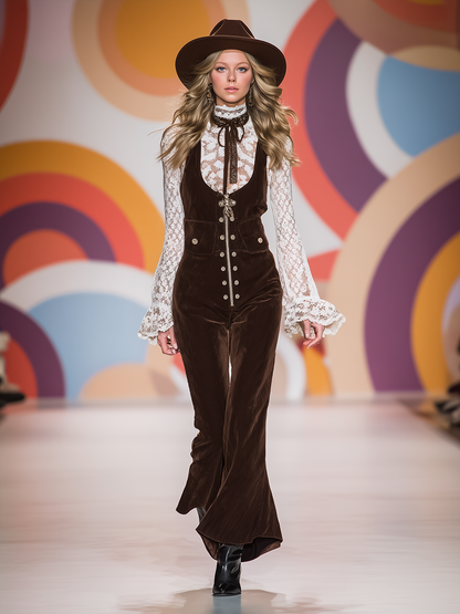 Retro Western Style Brown Corduroy Flared Overalls