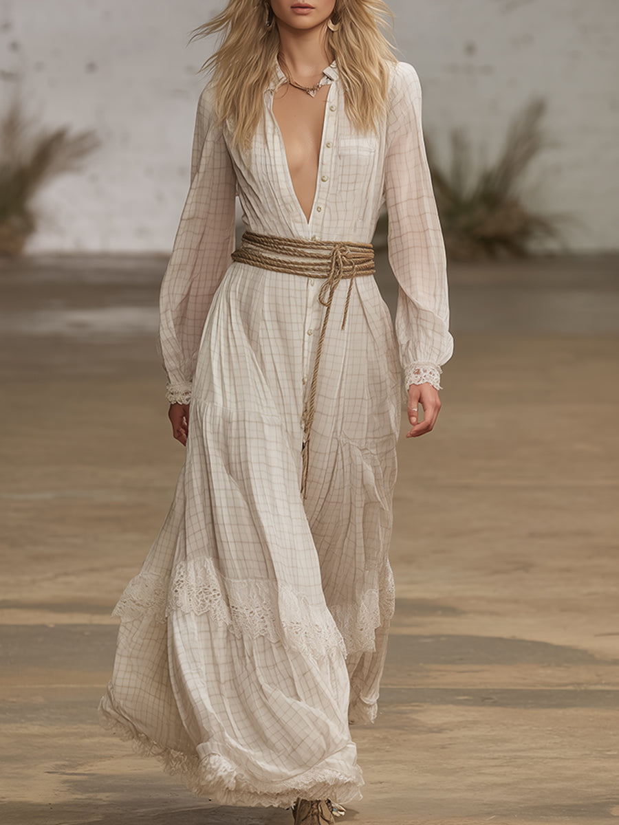 Vintage Bohemian Style Off-white Checkered Print Chiffon Maxi Dress