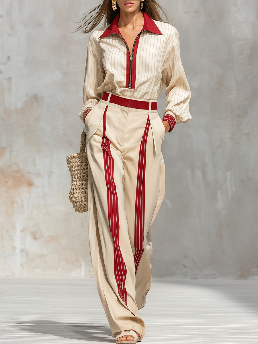 Vintage Charming Striped Shirt And Wide-leg Pants Set