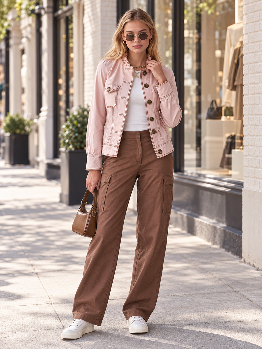 Blush Pink Military Jacket With Contrast Stitching And Gold Buttons