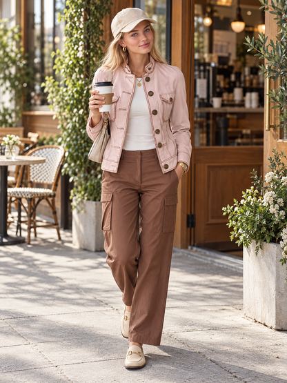 Blush Pink Military Jacket With Contrast Stitching And Gold Buttons