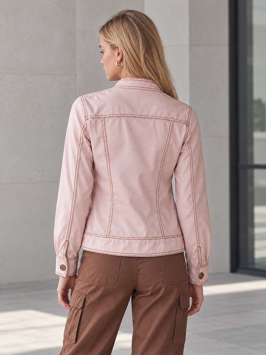 Blush Pink Military Jacket With Contrast Stitching And Gold Buttons