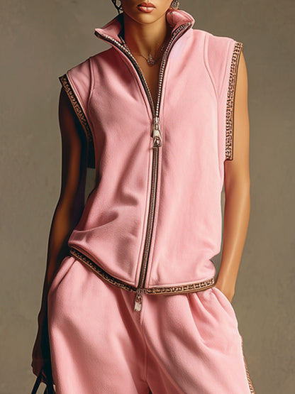 Sporty Retro Webbing Trim Pink Cotton Blend Sleeveless Vest Wide-Leg Pants Set