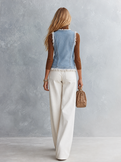 Light Blue Frayed Denim Vest With Gold Button Front